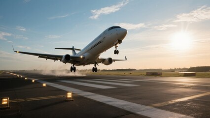 Obraz premium Commercial Airplane Taking Off at Sunset on Airport Runway
