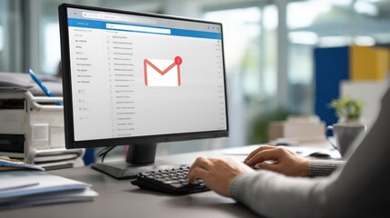 Person checking email inbox on desktop computer in modern office workspace A new message notification is visible