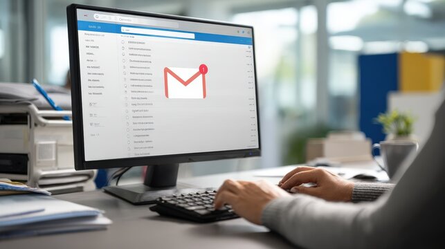 Person checking email inbox on desktop computer in modern office workspace A new message notification is visible