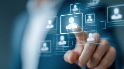 Hand Selecting a Profile from a Digital Network of People Icons on a Futuristic Interface