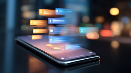 Smartphone displaying fast moving notifications digital messages online communication modern technology