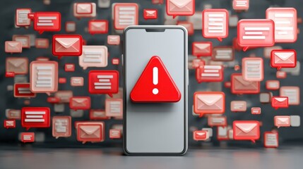 Smartphone Displaying Warning Alert Amidst a Swarm of Email Notifications Digital Overload and System Error Concept