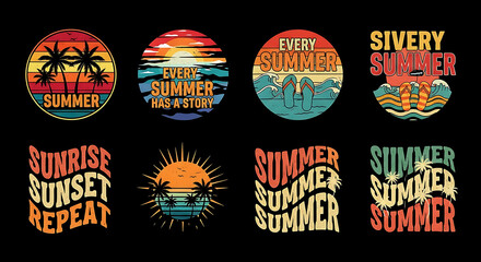 Collection of retro summer sunset designs with palm trees and text sunrise repeat