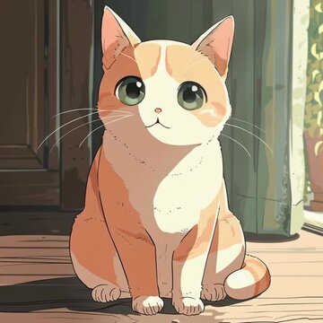 video with cute catoon cat sitting and looking around; interior backgound; full body