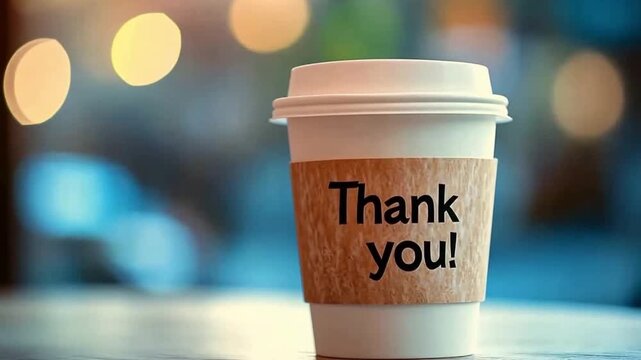 A disposable coffee cup with a cardboard sleeve. The sleeve has the words 'Thank you!' printed on it. The background features soft, blurred lights.