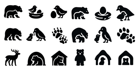 Obraz premium Wildlife and nature silhouette icons set – filled, solid, animal and environment symbols