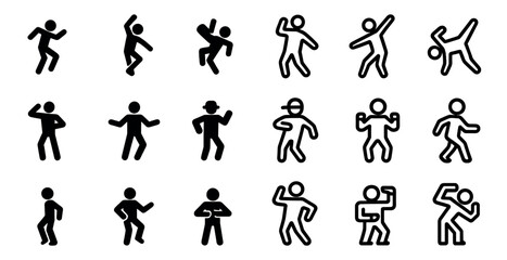 Dance moves line icons set – silhouette, outline, party and performance symbols