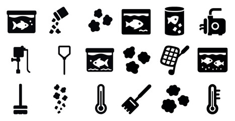 Aquarium and pet care solid icons set – filled, silhouette, aquatic symbols
