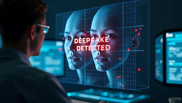 A young Caucasian male analyst discovers a deep fake image on a futuristic interface, showcasing technology and digital security.