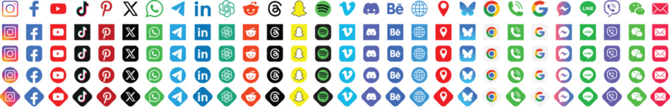 Latest updated social media logos and icons. Instagram, TikTok, X, Facebook, Whatsapp, Twitter, YouTube, Telegram, Snapchat, Pinterest, Reddit, Messenger, WeChat,Threads, Line, Bluesky and Lic RGB