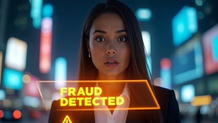 A concerned woman gazes wide-eyed at a digital alert that reads 'FRAUD DETECTED' against a vibrant city backdrop.