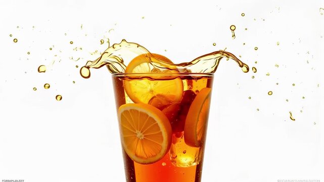 Refreshing iced tea splash with orange slices and ice cubes in a clear glass on white background