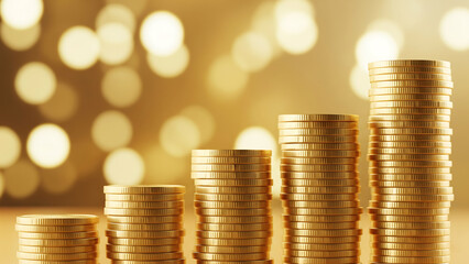 Rising stacks of gold coins with bokeh background