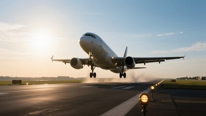 Commercial Airplane Taking Off on Runway at Sunset with Bright Sky and Airport Lights