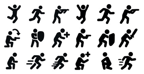 Gaming actions filled icons set – solid, silhouettes, video game action symbols