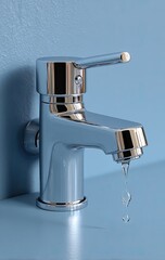 Chrome faucet with dripping water on light blue wall