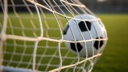 Soccer ball caught in the back of the net
