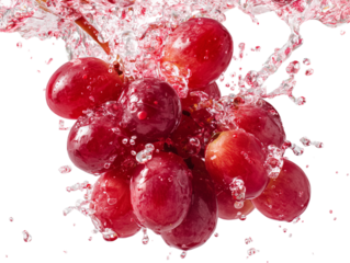 A cluster of vibrant red grapes is captured mid-air, enveloped in a dynamic splash of water.