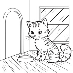 Black and white outline drawing of a tabby kitten sitting next to an empty food bowl indoors animal domestic