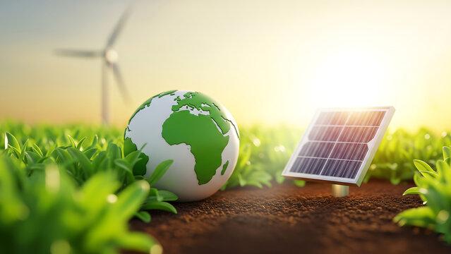 Earth globe with solar panel and wind turbine in field