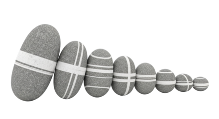 Smooth, striped pebbles arranged in a descending size order, symbolizing growth and progression.