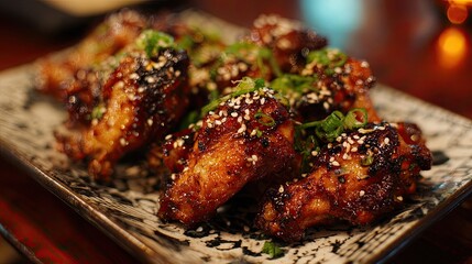 Restaurant plate of teriyaki chicken wings on a dark wooden table with blurred background