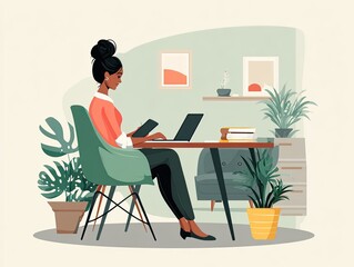Woman works at desk with laptop, surrounded by plants, in bright workspace