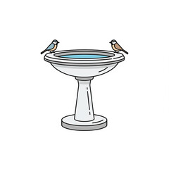 Flat icon illustration of birdbath with two tiny birds perched on rim