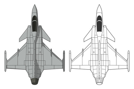 Set JAS 39 gripen military aircraft design in line art and colored style from top view. Vector illustrations europe colorful fighter jet jas 39 gripen. Outline drawing modern sweden combat aircraft.