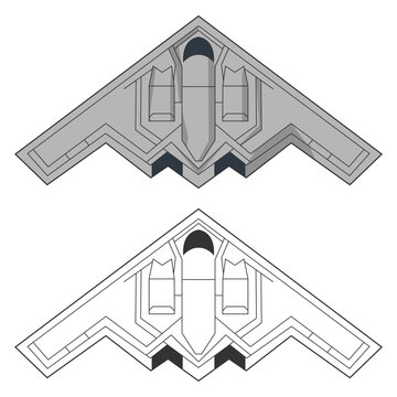 Set B2 spirit military aircraft design in line art and colored style from top view. Vector illustrations united states colorful fighter jet. Outline drawing modern usa combat aircraft. Stealth bomber.