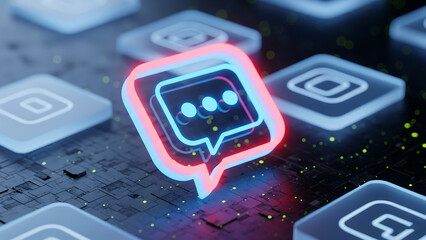 Glowing neon chat bubble icon on digital background