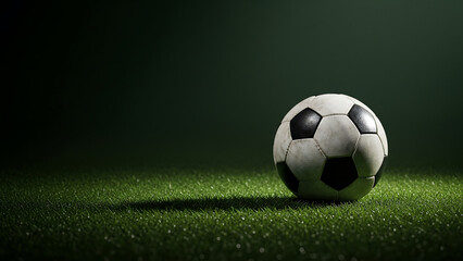 Soccer ball resting on green grass with dark background