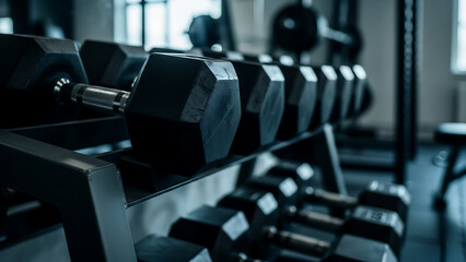 Dumbbell rack in a gym with weights lined up