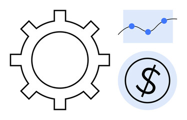 Gear icon, rising graph with points, and dollar sign representing progress, profit, analysis, and efficiency. Ideal for finance, business, economics investment innovation productivity