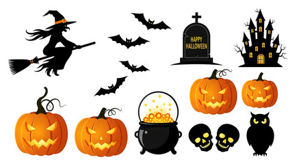 Halloween elements witch bats tombstone pumpkins cauldron skulls and owl image photo