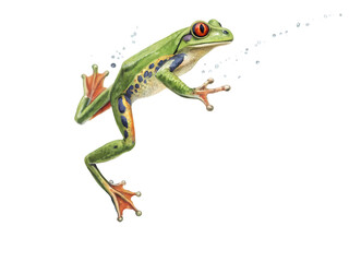 Fototapeta premium Red-Eyed Tree Frog in Mid-Leap: Vibrant Amphibian on White Background isolated on transparent background