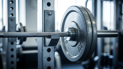 Barbell and weight plates in a gym