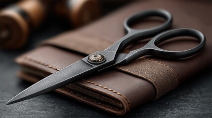Artisan Scissors Resting on a Handcrafted Leather Wallet: A Still Life