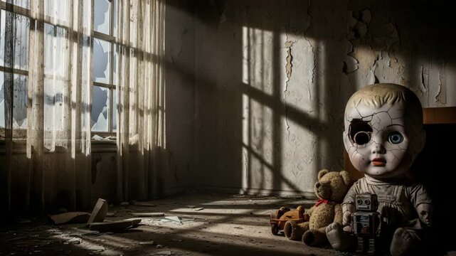 A creepy doll with a broken face and a teddy bear in an abandoned room. The atmosphere of loneliness, destruction and fear. Perfect for a horror film. Surreal and dark footage.