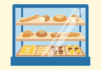 Flat vector bakery display case with fresh bread and pastries