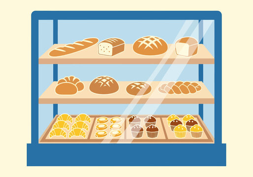 Flat vector bakery display case with fresh bread and pastries