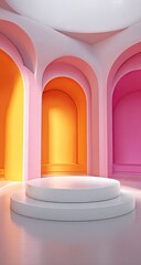 Colorful archways, white podium