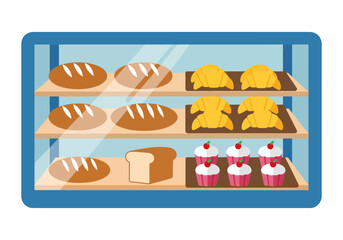 Flat vector bakery display case with bread croissants cupcakes