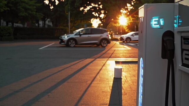 Electric Vehicles Charging at Sunset in a Scenic Parking Area, Highlighting Sustainable Technology with a Warm Glow and Long Shadows