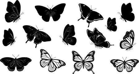 Collection of silhouetted butterflies in various poses
