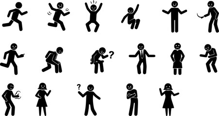 Diverse stick figure poses showing various actions and emotions
