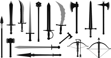 Collection of medieval weapon silhouettes for fantasy and gaming
