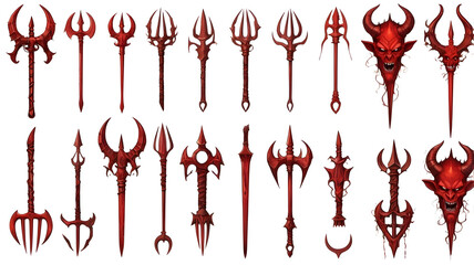Fantasy demonic tridents and spears collection satanic weapons set red devil pitchforks gothic dark medieval weapon design 