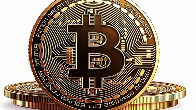Three golden Bitcoin coins stacked on top of each other. The coins feature the Bitcoin logo and intricate circuit patterns, symbolizing cryptocurrency and digital finance.