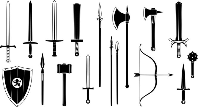 Collection of medieval weapon silhouettes for fantasy and gaming
